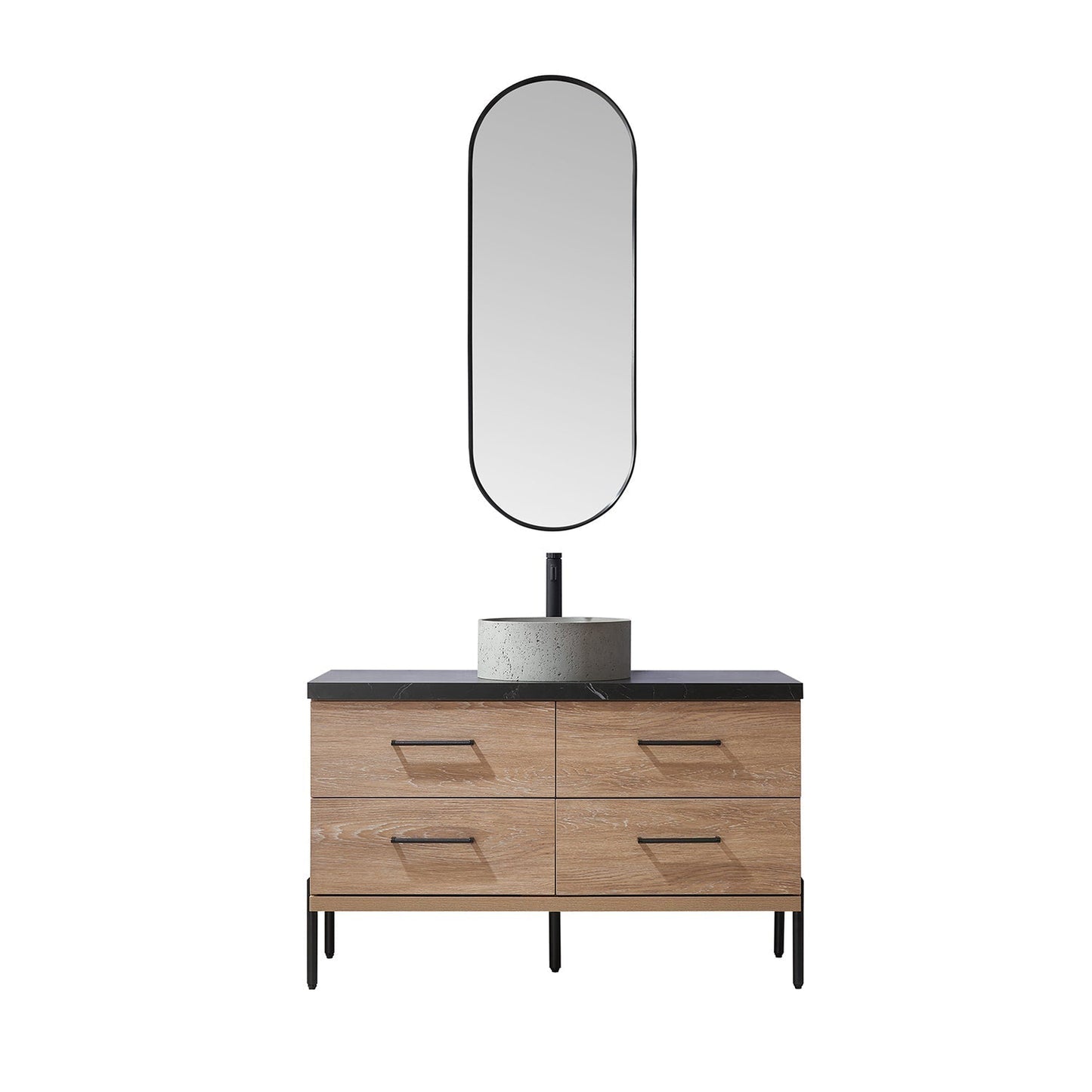 Vinnova Trento 48" Single Sink Bath Vanity In North American Oak With Black Sintered Stone Top With Natural Circular Concrete Sink And Mirror