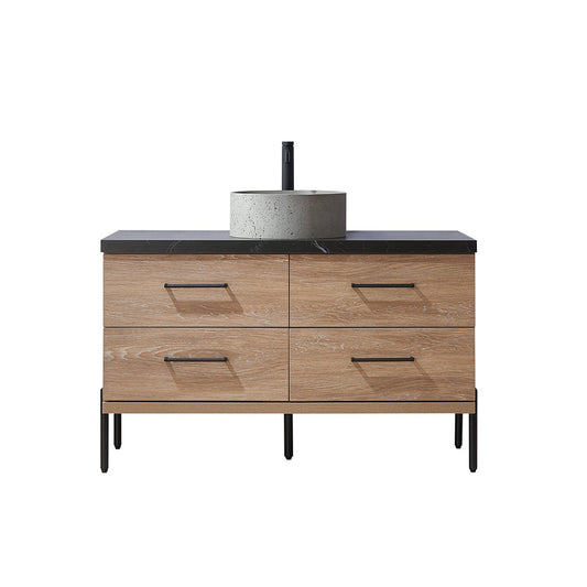 Vinnova Trento 48" Single Sink Bath Vanity In North American Oak With Black Sintered Stone Top With Natural Circular Concrete Sink