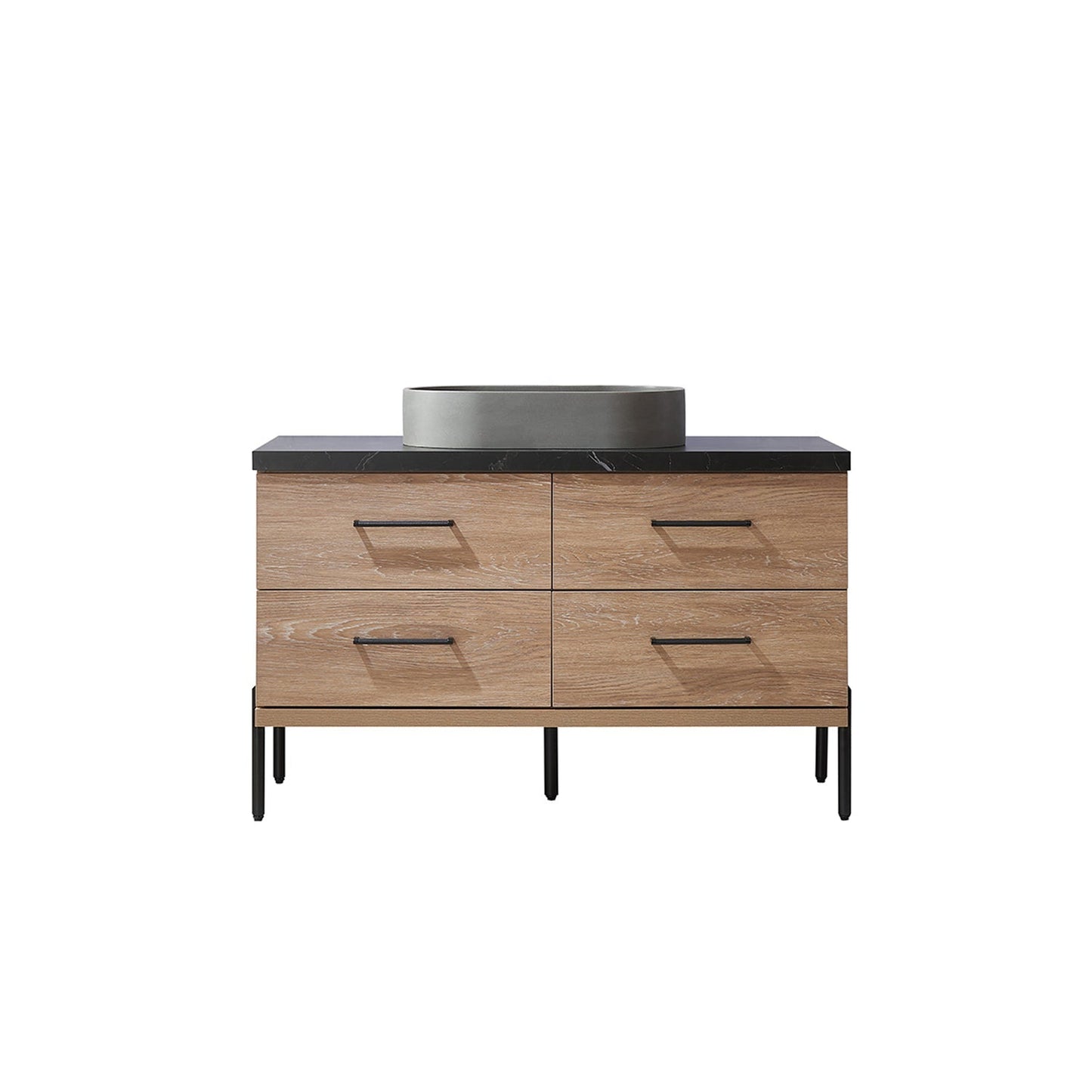 Vinnova Trento 48" Single Sink Bath Vanity In North American Oak With Black Sintered Stone Top With Oval Concrete Sink
