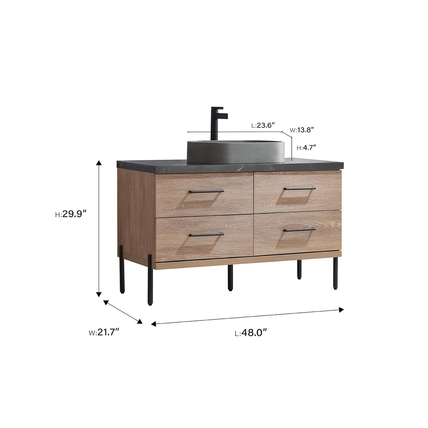 Vinnova Trento 48" Single Sink Bath Vanity In North American Oak With Black Sintered Stone Top With Oval Concrete Sink