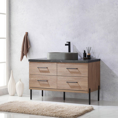 Vinnova Trento 48" Single Sink Bath Vanity In North American Oak With Black Sintered Stone Top With Oval Concrete Sink