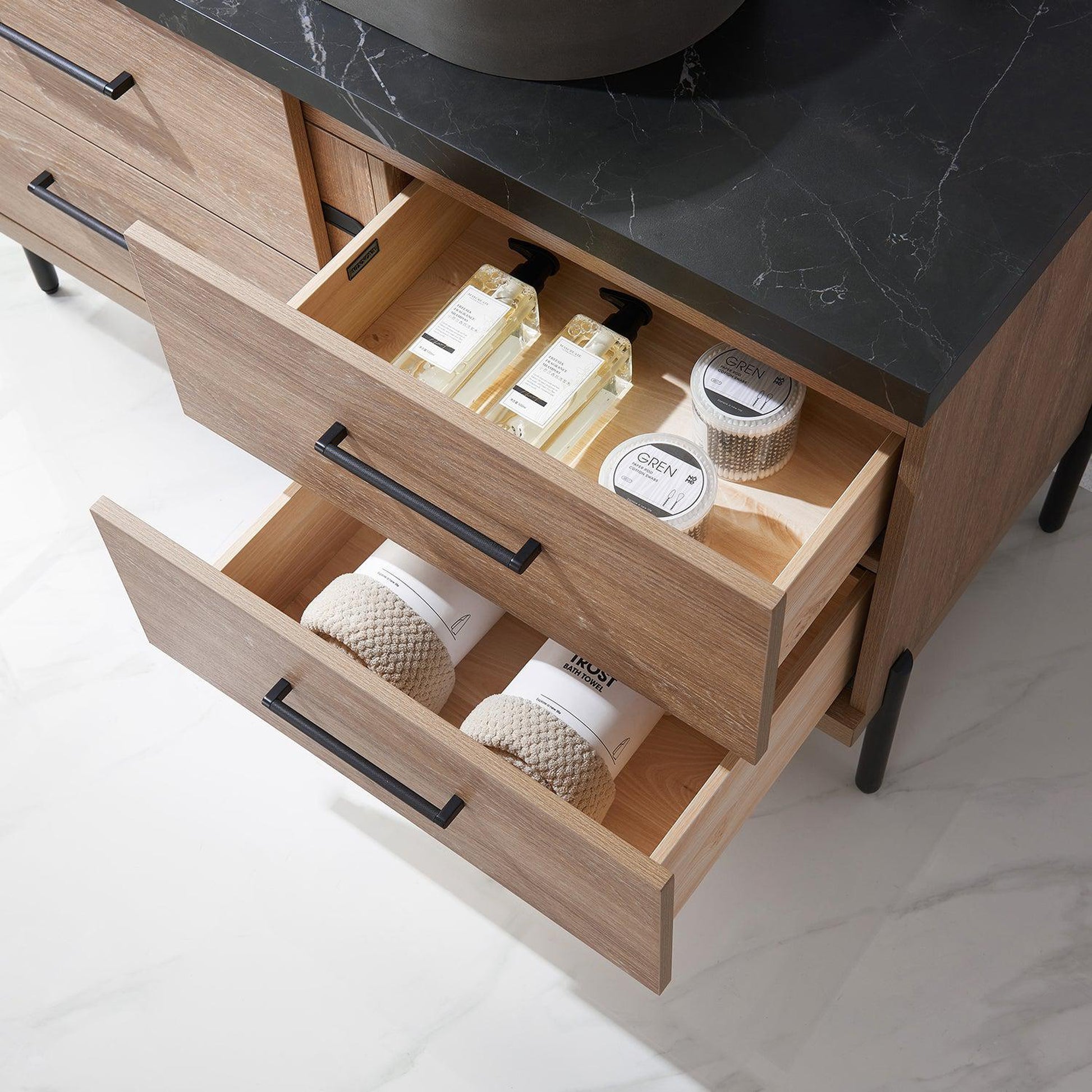 Vinnova Trento 48" Single Sink Bath Vanity In North American Oak With Black Sintered Stone Top With Oval Concrete Sink And Mirror