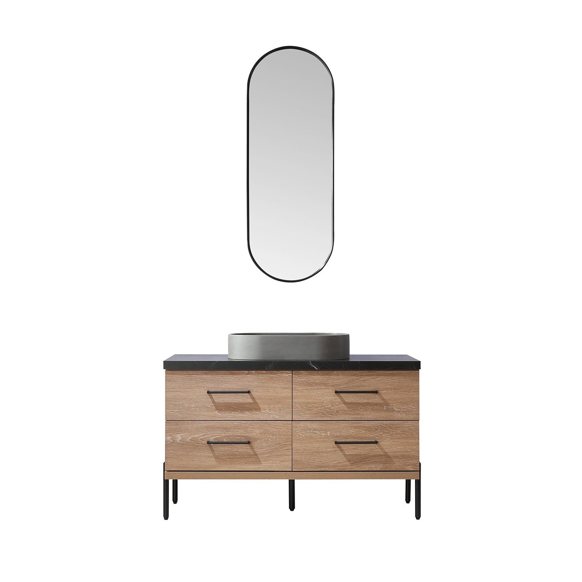 Vinnova Trento 48" Single Sink Bath Vanity In North American Oak With Black Sintered Stone Top With Oval Concrete Sink And Mirror