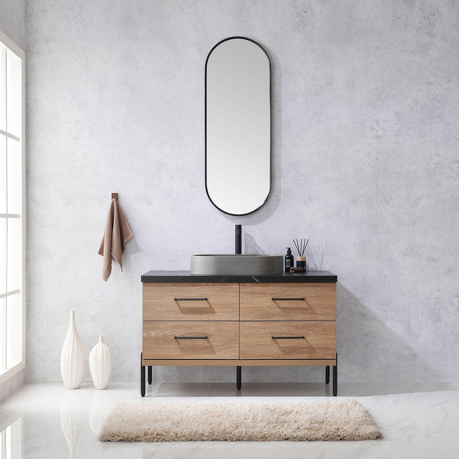 Vinnova Trento 48" Single Sink Bath Vanity In North American Oak With Black Sintered Stone Top With Oval Concrete Sink And Mirror