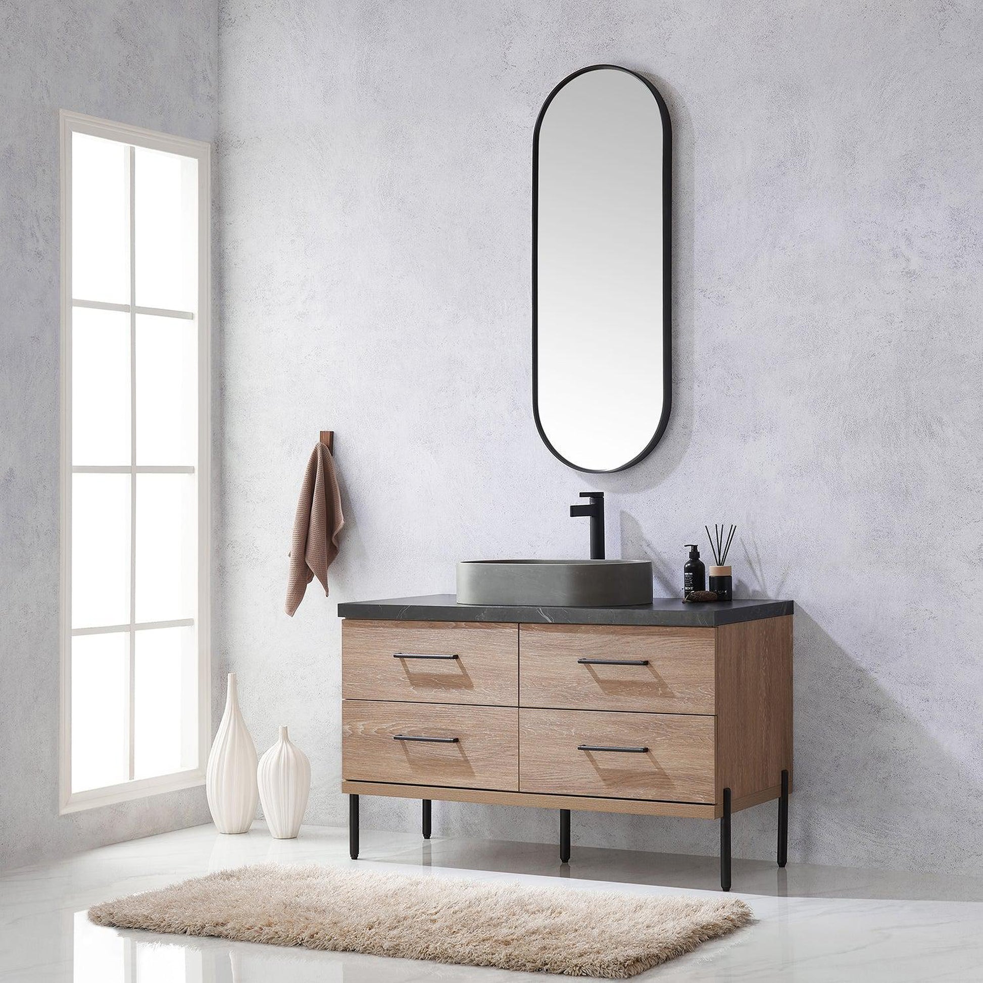 Vinnova Trento 48" Single Sink Bath Vanity In North American Oak With Black Sintered Stone Top With Oval Concrete Sink And Mirror