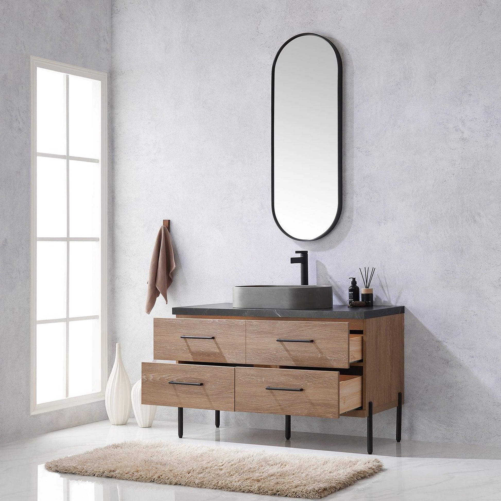 Vinnova Trento 48" Single Sink Bath Vanity In North American Oak With Black Sintered Stone Top With Oval Concrete Sink And Mirror