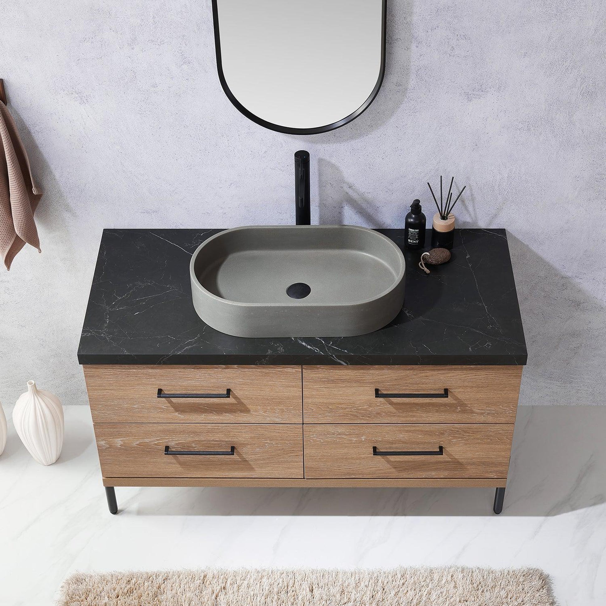 Vinnova Trento 48" Single Sink Bath Vanity In North American Oak With Black Sintered Stone Top With Oval Concrete Sink And Mirror