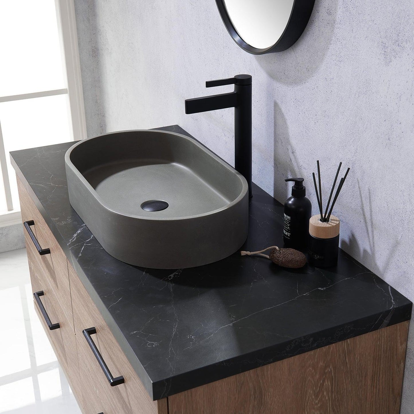 Vinnova Trento 48" Single Sink Bath Vanity In North American Oak With Black Sintered Stone Top With Oval Concrete Sink And Mirror