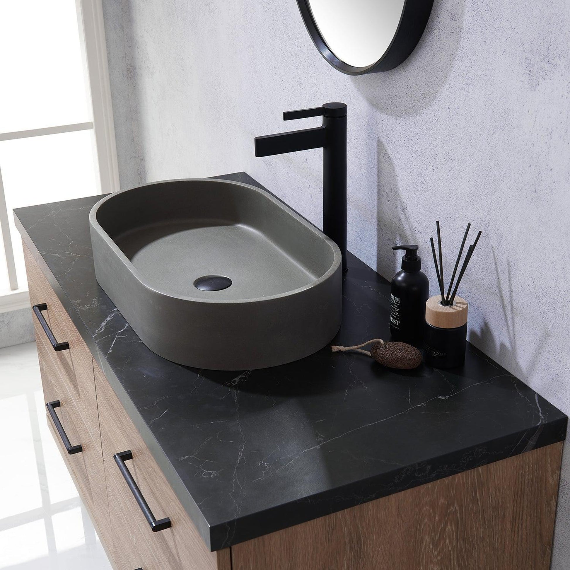 Vinnova Trento 48" Single Sink Bath Vanity In North American Oak With Black Sintered Stone Top With Oval Concrete Sink And Mirror