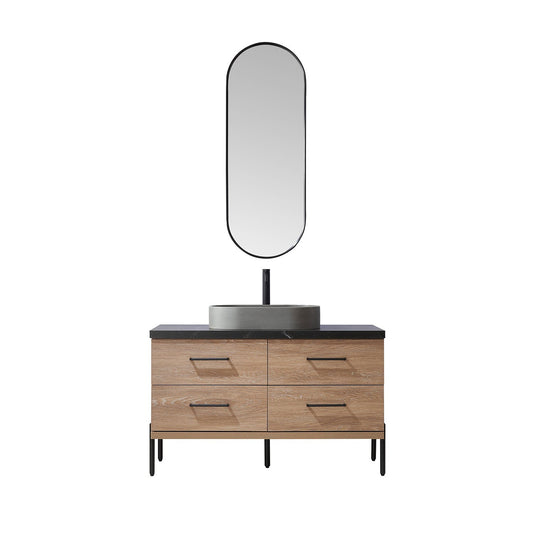 Vinnova Trento 48" Single Sink Bath Vanity In North American Oak With Black Sintered Stone Top With Oval Concrete Sink And Mirror