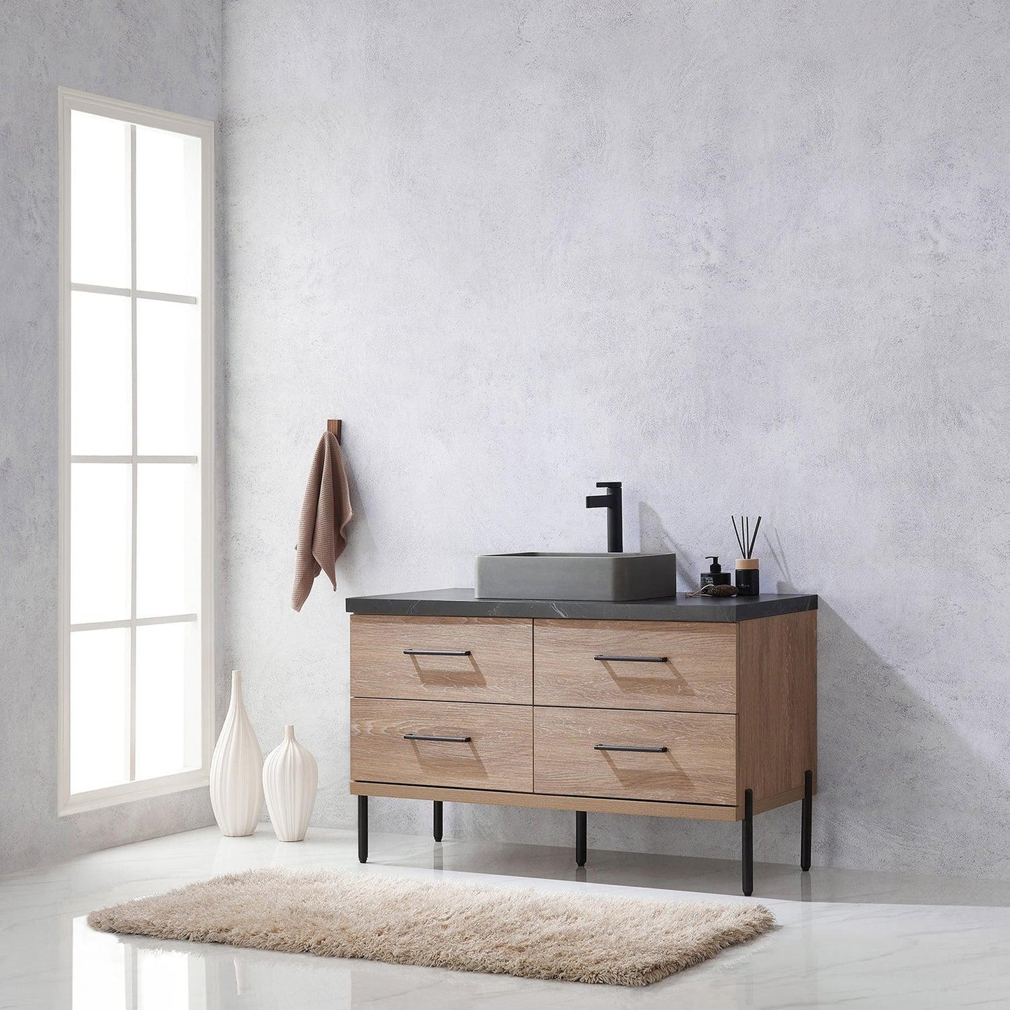 Vinnova Trento 48" Single Sink Bath Vanity In North American Oak With Black Sintered Stone Top With Rectangular Concrete Sink