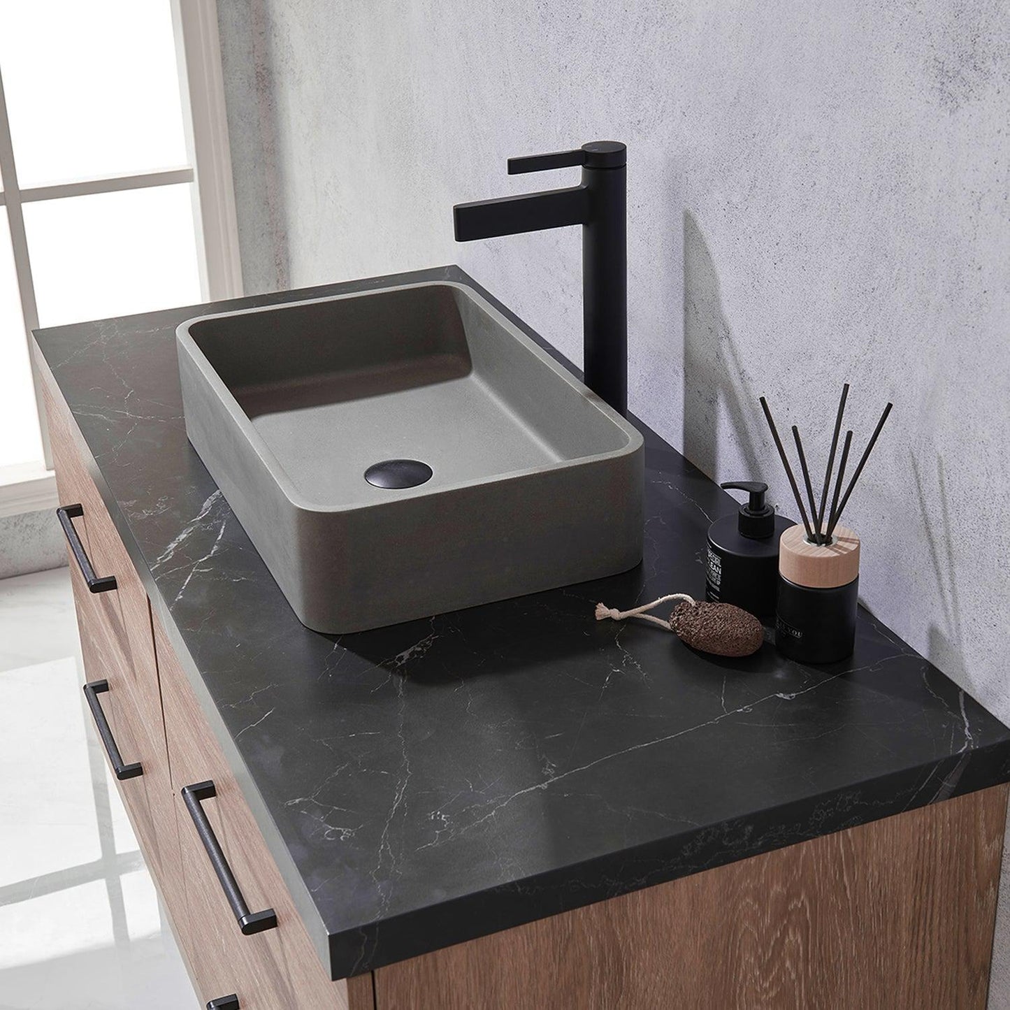 Vinnova Trento 48" Single Sink Bath Vanity In North American Oak With Black Sintered Stone Top With Rectangular Concrete Sink