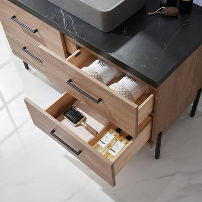 Vinnova Trento 48" Single Sink Bath Vanity In North American Oak With Black Sintered Stone Top With Rectangular Concrete Sink And Mirror