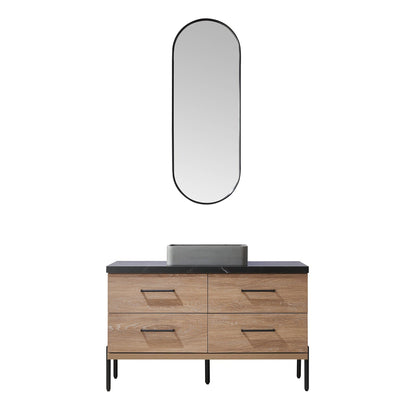 Vinnova Trento 48" Single Sink Bath Vanity In North American Oak With Black Sintered Stone Top With Rectangular Concrete Sink And Mirror