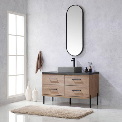 Vinnova Trento 48" Single Sink Bath Vanity In North American Oak With Black Sintered Stone Top With Rectangular Concrete Sink And Mirror