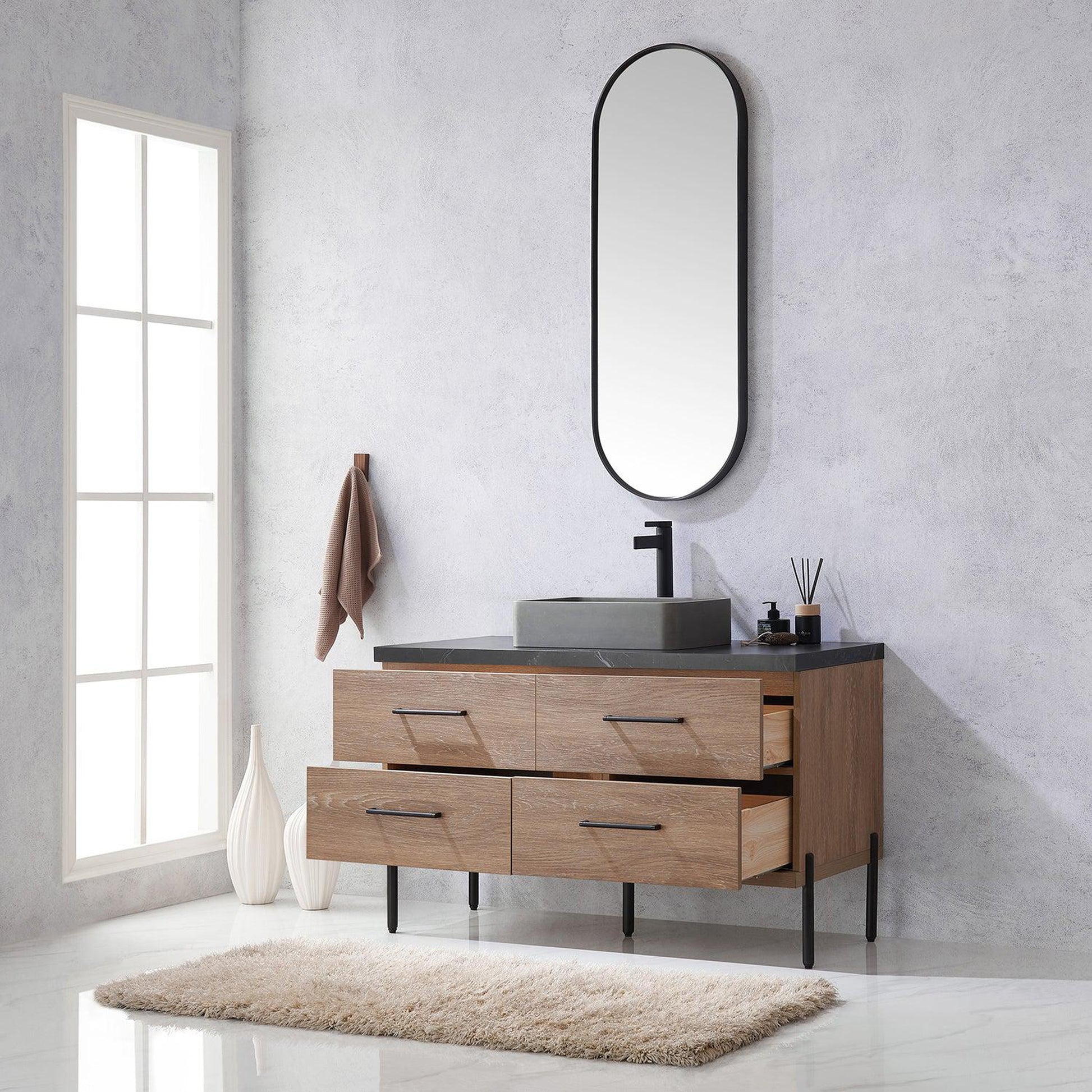 Vinnova Trento 48" Single Sink Bath Vanity In North American Oak With Black Sintered Stone Top With Rectangular Concrete Sink And Mirror