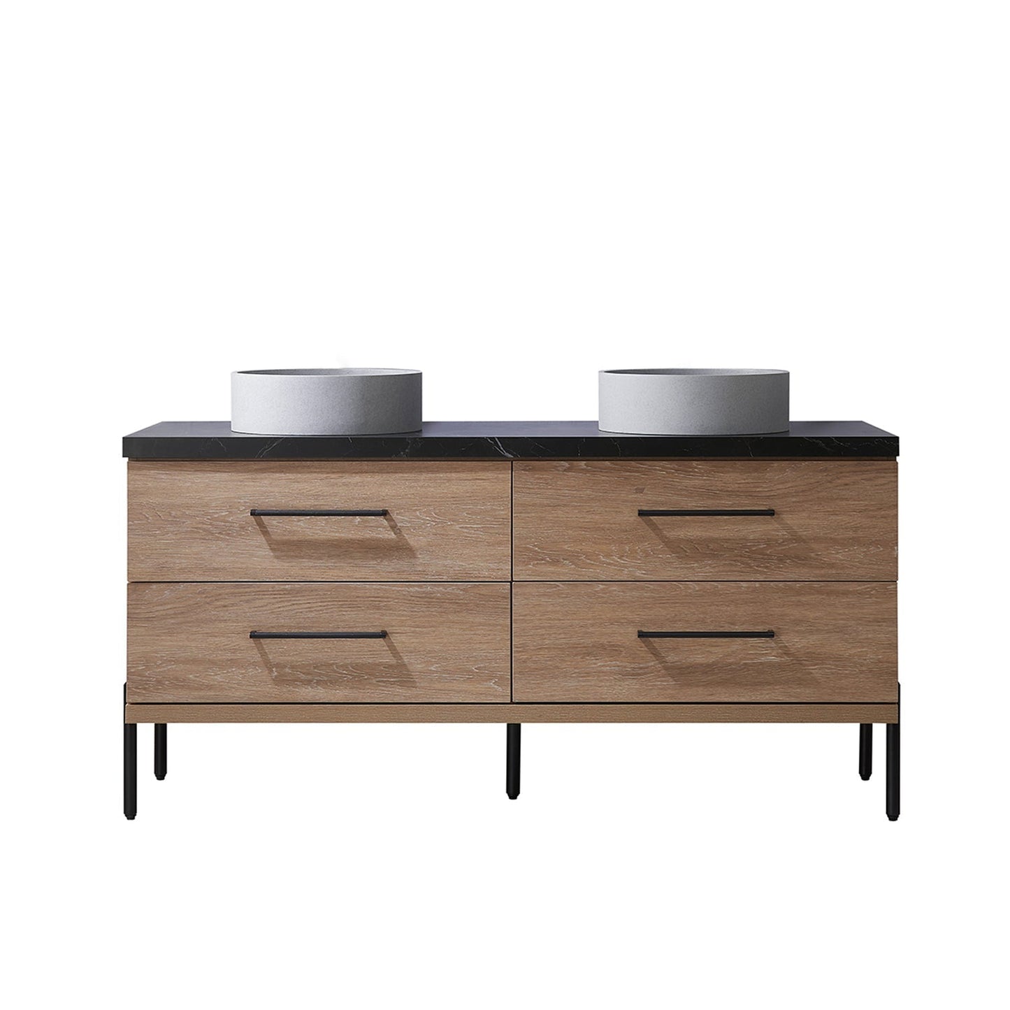 Vinnova Trento 60" Double Sink Bath Vanity In North American Oak With Black Sintered Stone Top With Circular Concrete Sink