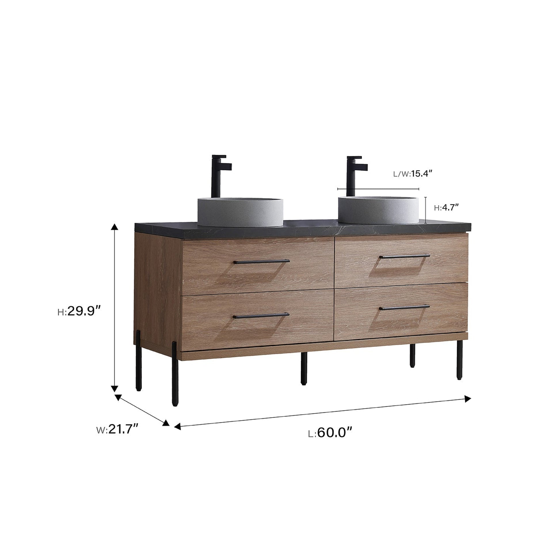 Vinnova Trento 60" Double Sink Bath Vanity In North American Oak With Black Sintered Stone Top With Circular Concrete Sink