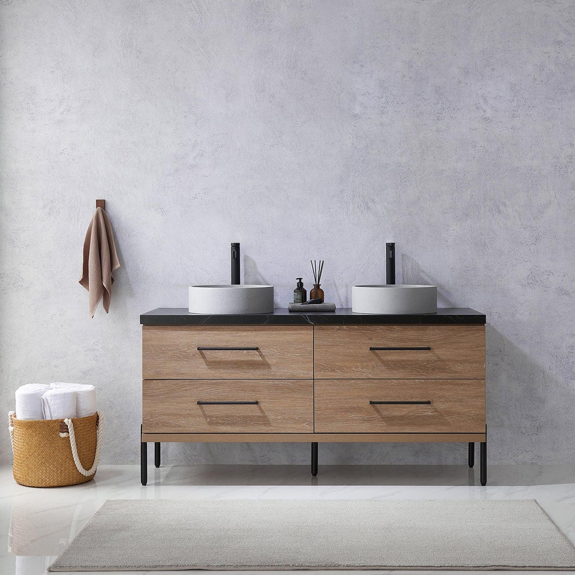 Vinnova Trento 60" Double Sink Bath Vanity In North American Oak With Black Sintered Stone Top With Circular Concrete Sink