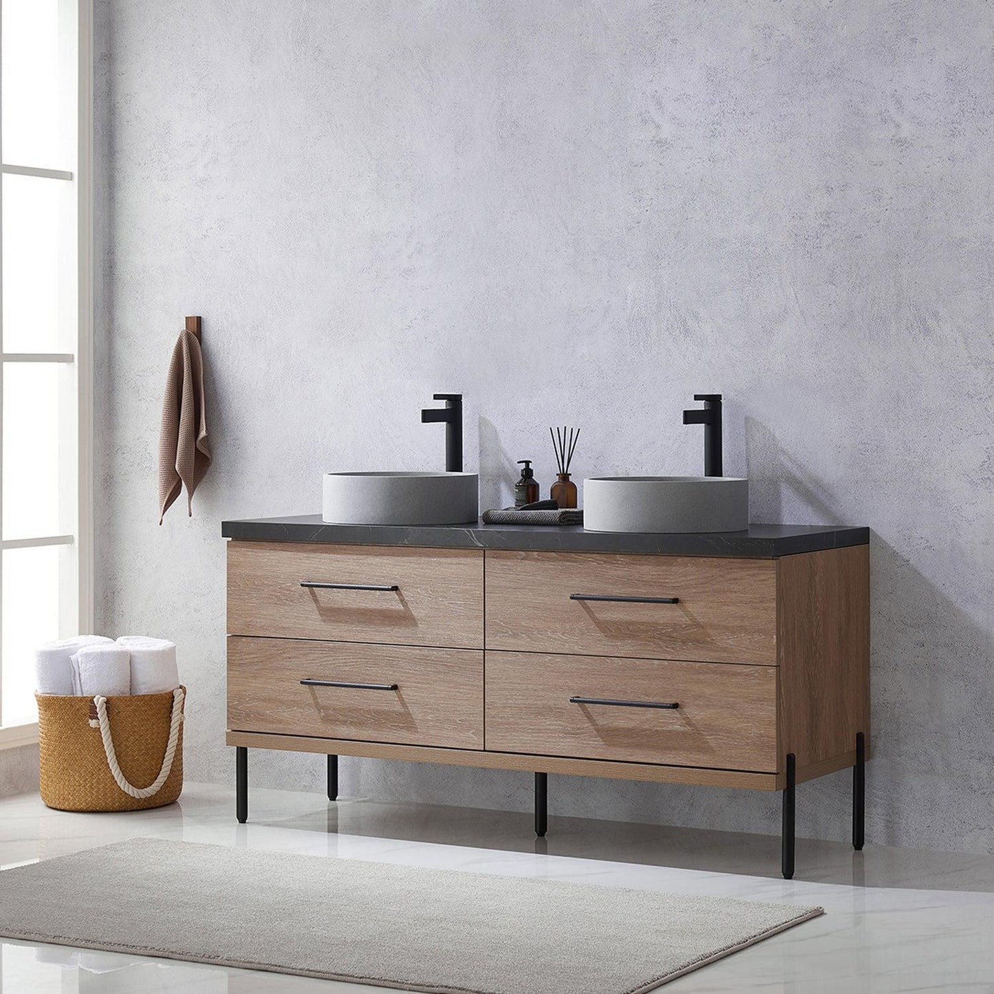 Vinnova Trento 60" Double Sink Bath Vanity In North American Oak With Black Sintered Stone Top With Circular Concrete Sink