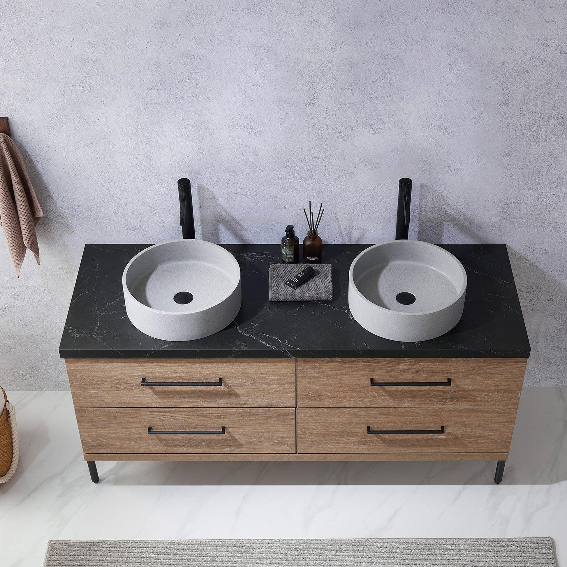 Vinnova Trento 60" Double Sink Bath Vanity In North American Oak With Black Sintered Stone Top With Circular Concrete Sink