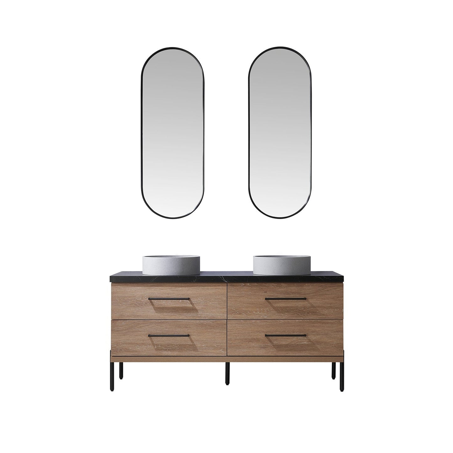 Vinnova Trento 60" Double Sink Bath Vanity In North American Oak With Black Sintered Stone Top With Circular Concrete Sink And Mirror