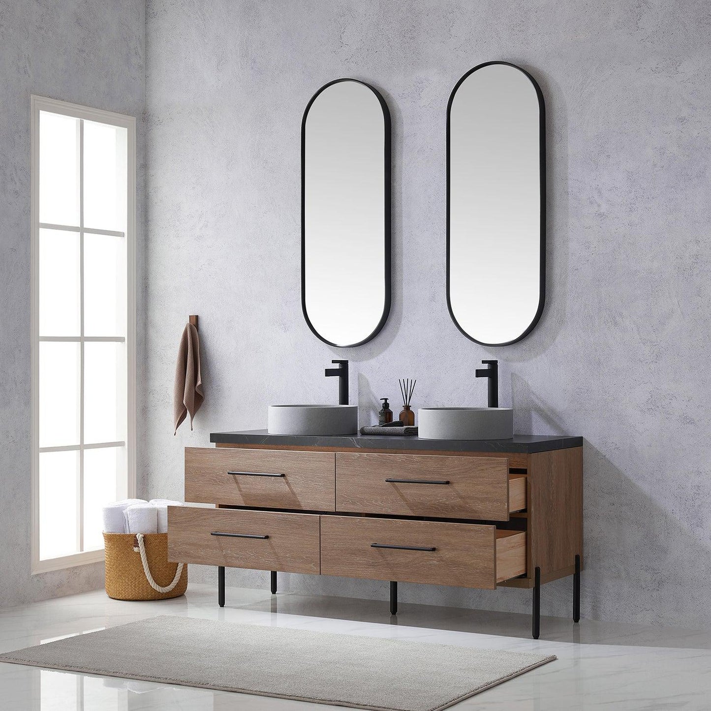 Vinnova Trento 60" Double Sink Bath Vanity In North American Oak With Black Sintered Stone Top With Circular Concrete Sink And Mirror