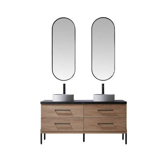 Vinnova Trento 60" Double Sink Bath Vanity In North American Oak With Black Sintered Stone Top With Circular Concrete Sink And Mirror