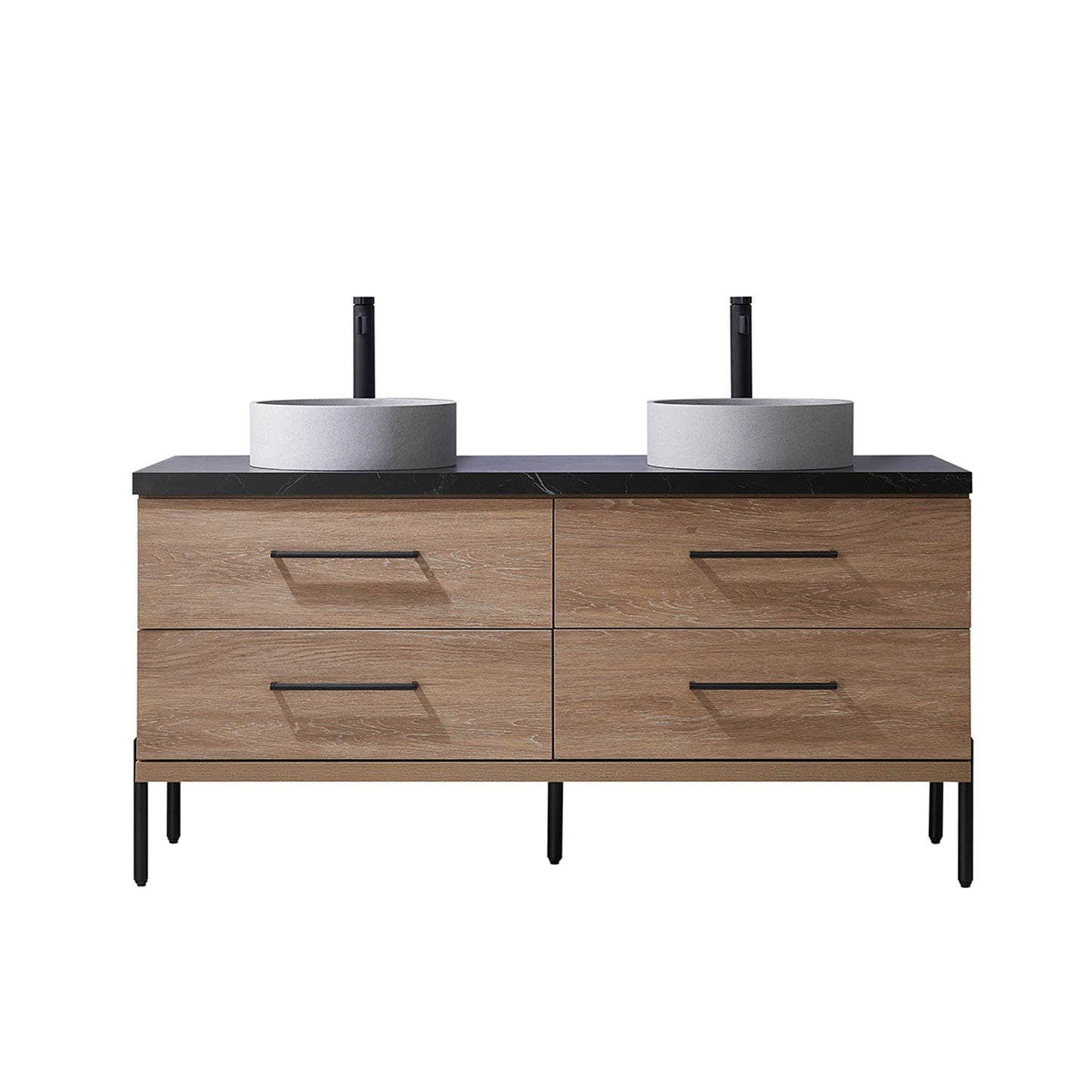 Vinnova Trento 60" Double Sink Bath Vanity In North American Oak With Black Sintered Stone Top With Circular Concrete Sink