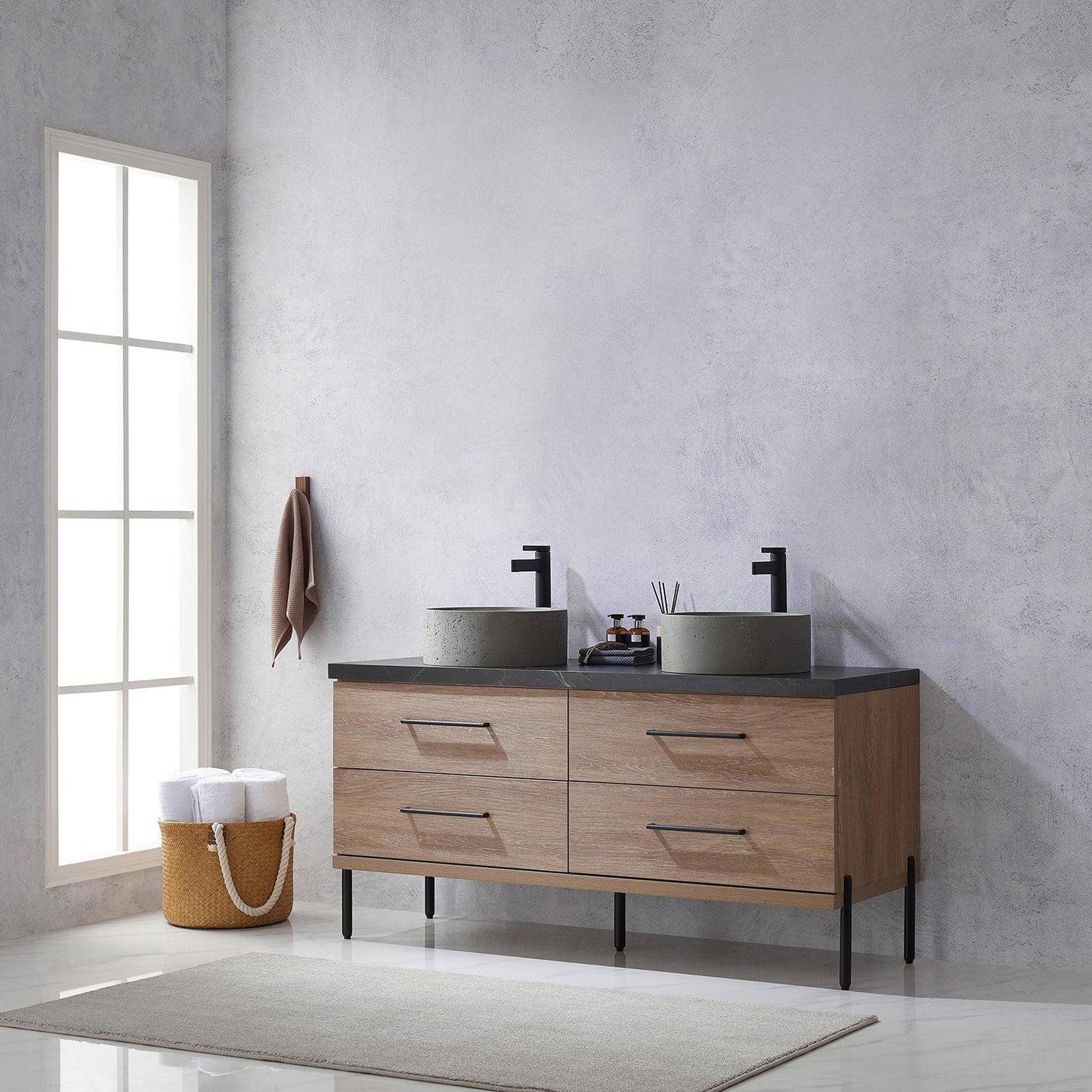 Vinnova Trento 60" Double Sink Bath Vanity In North American Oak With Black Sintered Stone Top With Natural Circular Concrete Sink