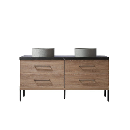 Vinnova Trento 60" Double Sink Bath Vanity In North American Oak With Black Sintered Stone Top With Natural Circular Concrete Sink