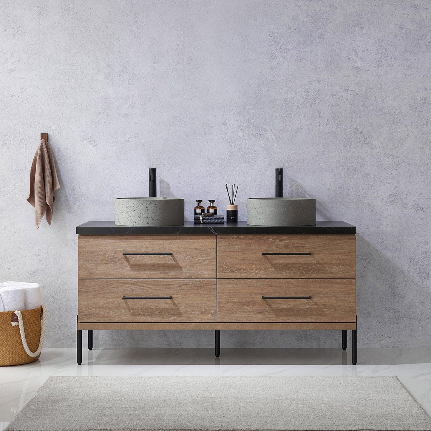 Vinnova Trento 60" Double Sink Bath Vanity In North American Oak With Black Sintered Stone Top With Natural Circular Concrete Sink