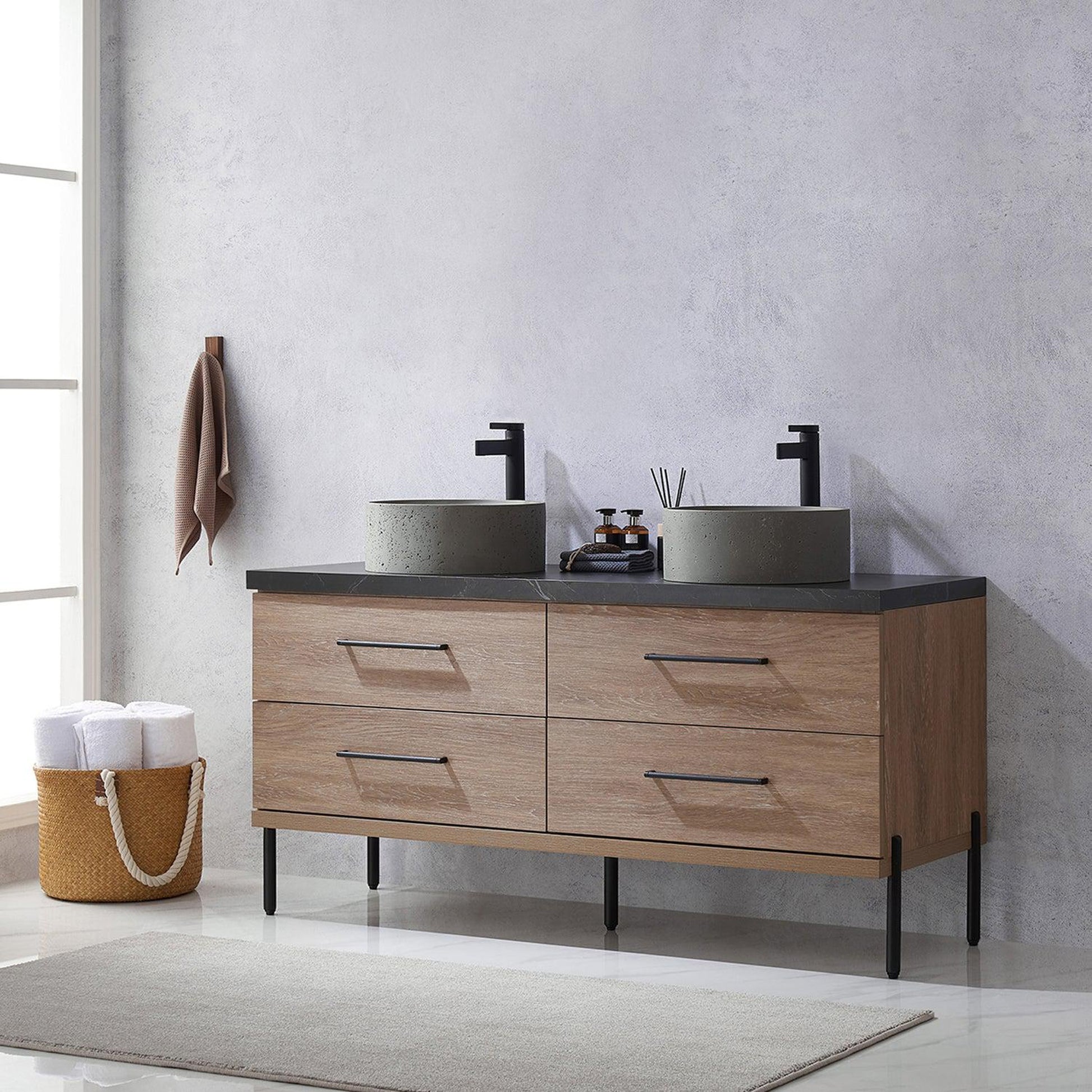 Vinnova Trento 60" Double Sink Bath Vanity In North American Oak With Black Sintered Stone Top With Natural Circular Concrete Sink