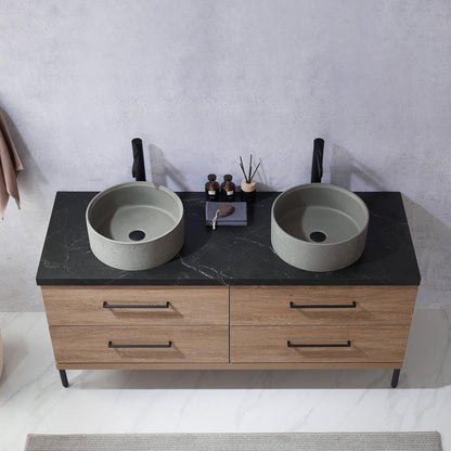 Vinnova Trento 60" Double Sink Bath Vanity In North American Oak With Black Sintered Stone Top With Natural Circular Concrete Sink