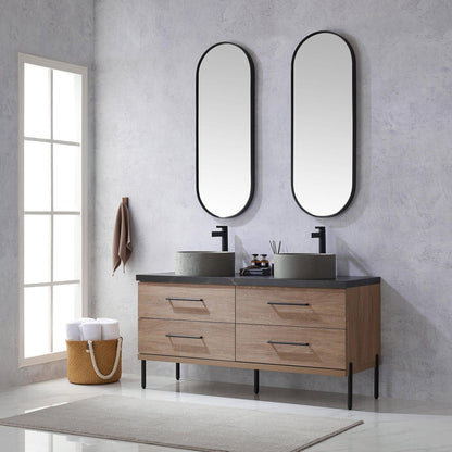 Vinnova Trento 60" Double Sink Bath Vanity In North American Oak With Black Sintered Stone Top With Natural Circular Concrete Sink And Mirror