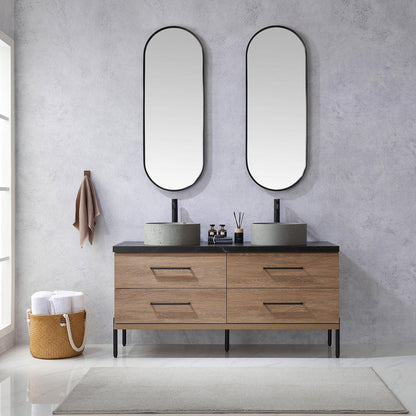 Vinnova Trento 60" Double Sink Bath Vanity In North American Oak With Black Sintered Stone Top With Natural Circular Concrete Sink And Mirror