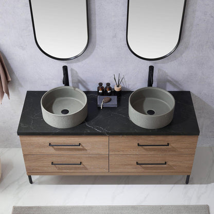 Vinnova Trento 60" Double Sink Bath Vanity In North American Oak With Black Sintered Stone Top With Natural Circular Concrete Sink And Mirror