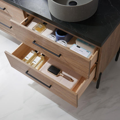 Vinnova Trento 60" Double Sink Bath Vanity In North American Oak With Black Sintered Stone Top With Natural Circular Concrete Sink And Mirror