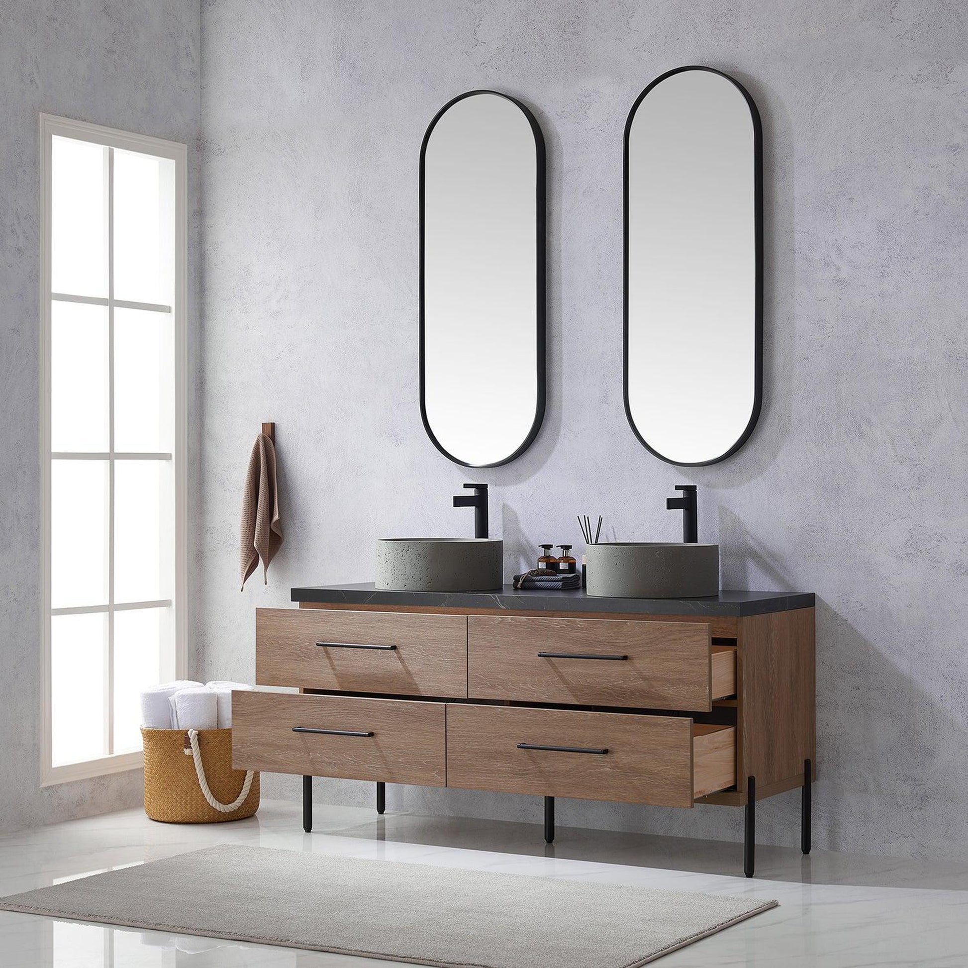 Vinnova Trento 60" Double Sink Bath Vanity In North American Oak With Black Sintered Stone Top With Natural Circular Concrete Sink And Mirror