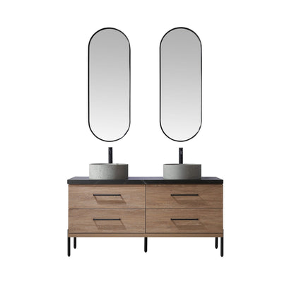 Vinnova Trento 60" Double Sink Bath Vanity In North American Oak With Black Sintered Stone Top With Natural Circular Concrete Sink And Mirror