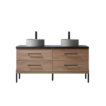 Vinnova Trento 60" Double Sink Bath Vanity In North American Oak With Black Sintered Stone Top With Natural Circular Concrete Sink