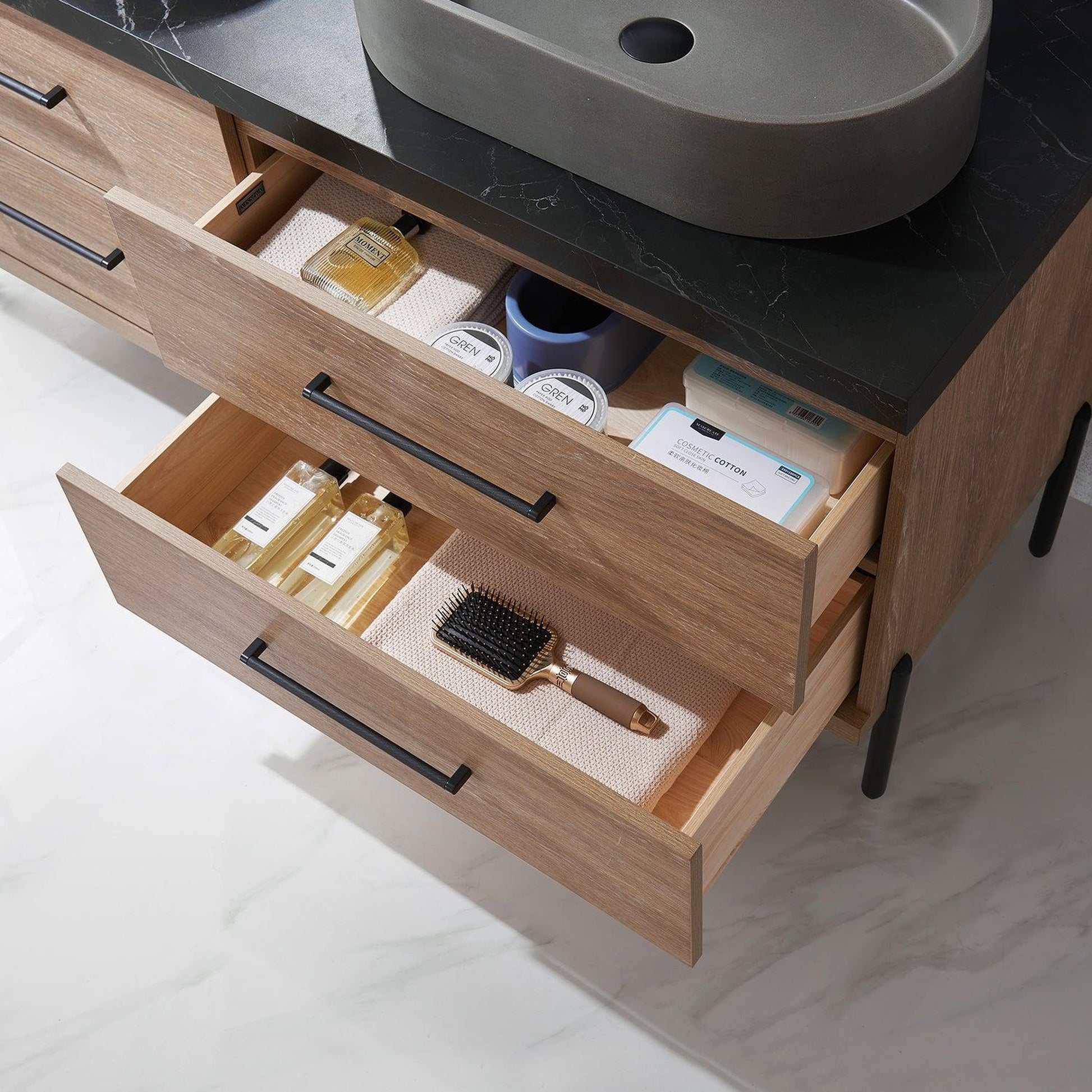 Vinnova Trento 60" Double Sink Bath Vanity In North American Oak With Black Sintered Stone Top With Oval Concrete Sink