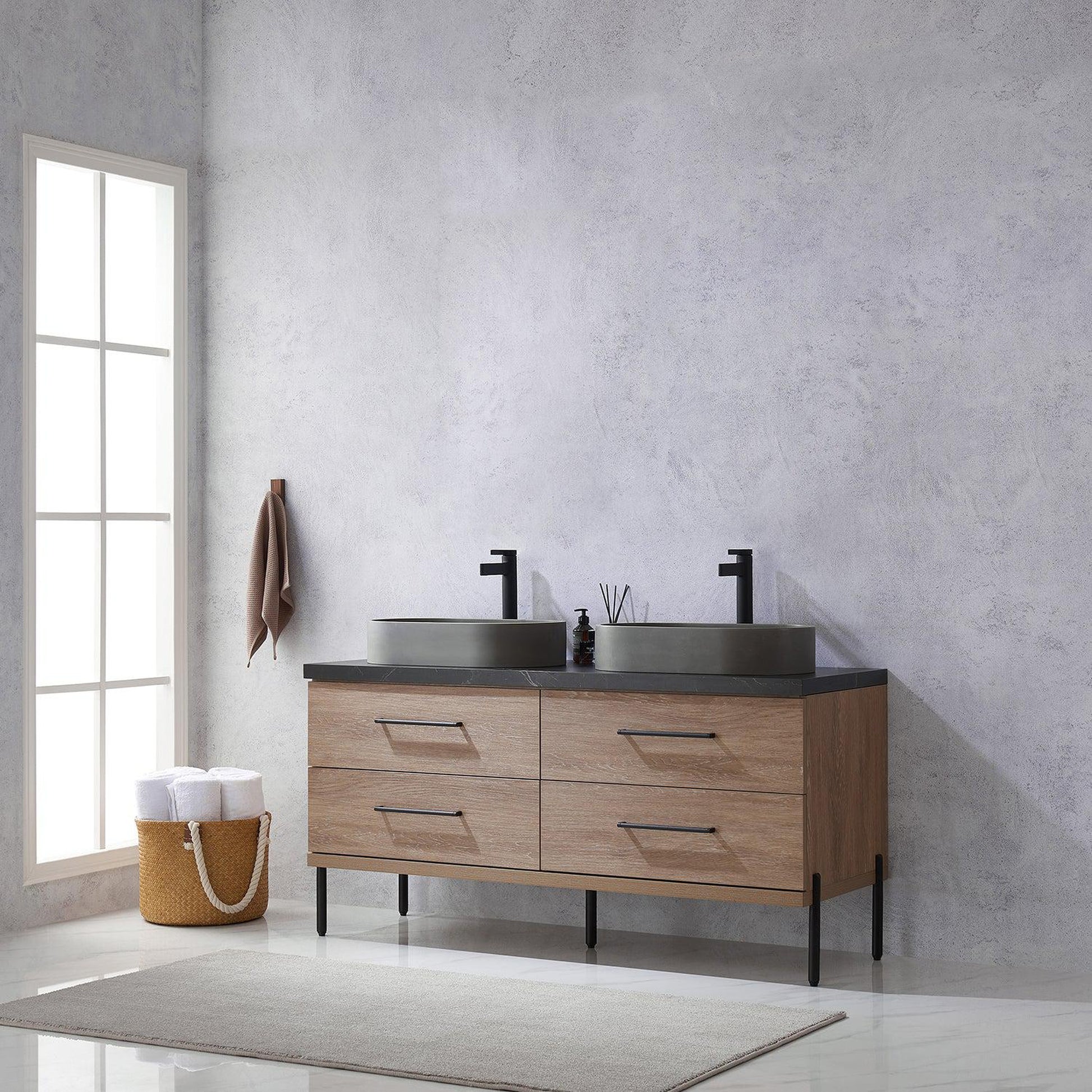 Vinnova Trento 60" Double Sink Bath Vanity In North American Oak With Black Sintered Stone Top With Oval Concrete Sink