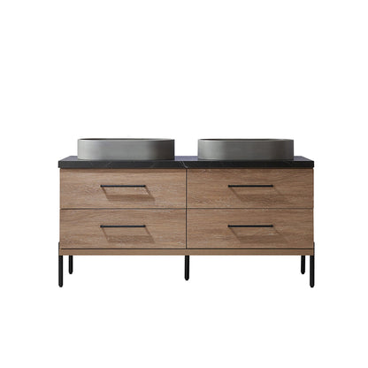 Vinnova Trento 60" Double Sink Bath Vanity In North American Oak With Black Sintered Stone Top With Oval Concrete Sink