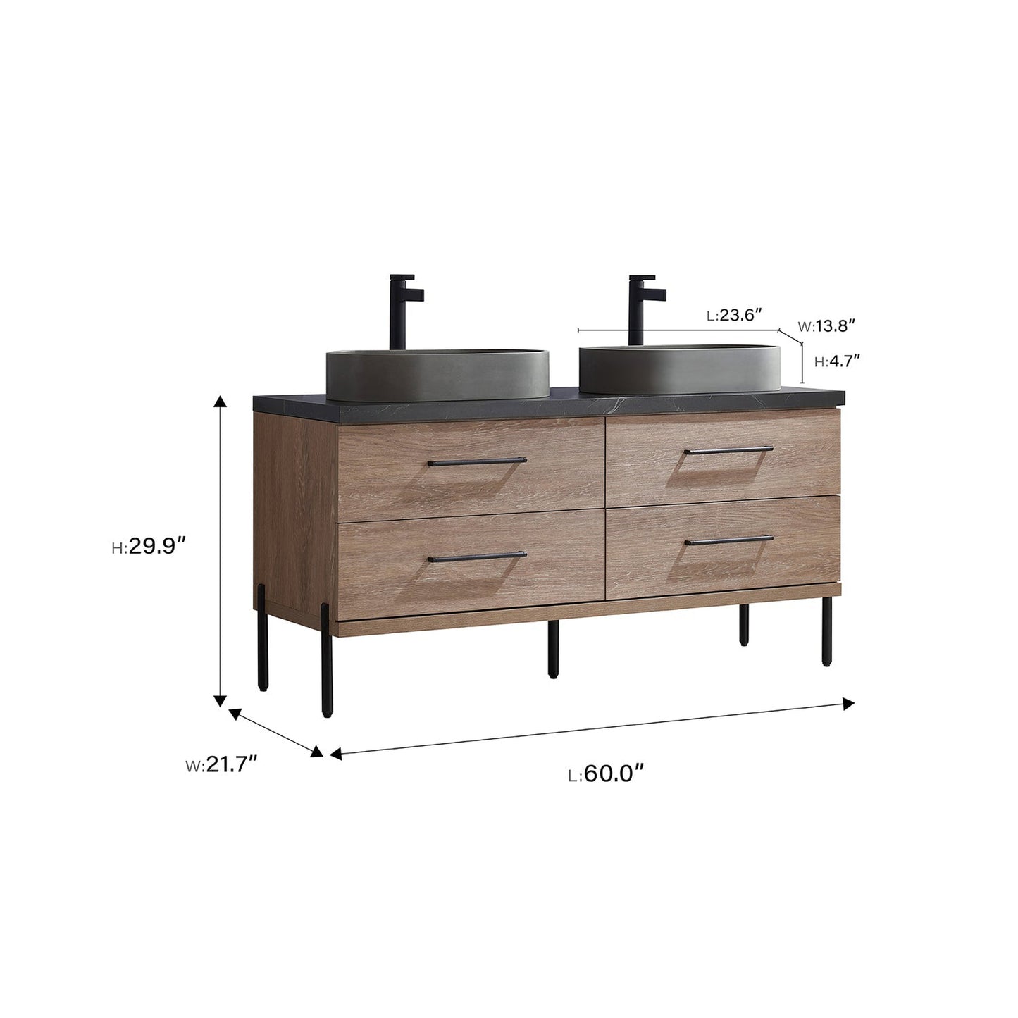 Vinnova Trento 60" Double Sink Bath Vanity In North American Oak With Black Sintered Stone Top With Oval Concrete Sink