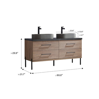 Vinnova Trento 60" Double Sink Bath Vanity In North American Oak With Black Sintered Stone Top With Oval Concrete Sink
