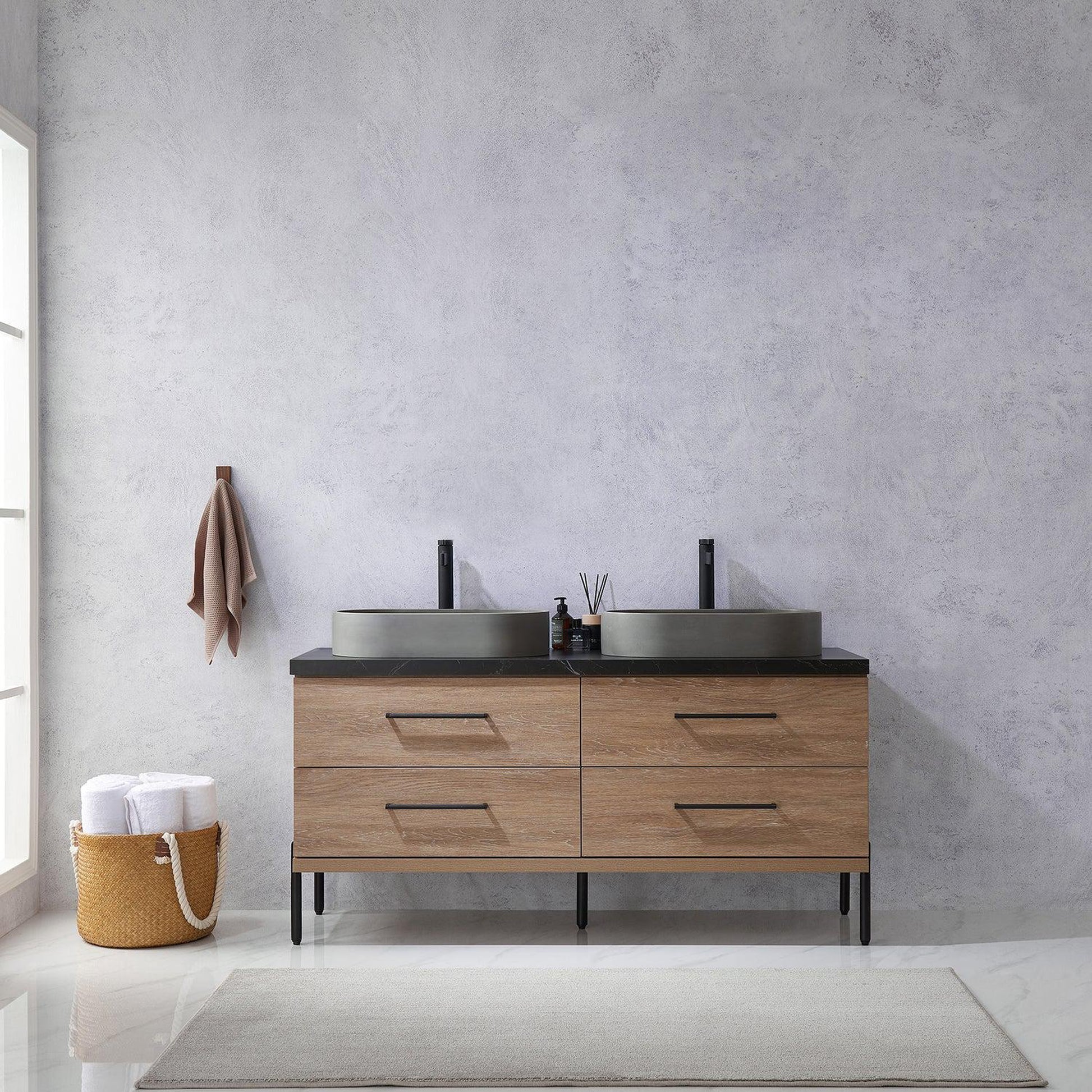 Vinnova Trento 60" Double Sink Bath Vanity In North American Oak With Black Sintered Stone Top With Oval Concrete Sink