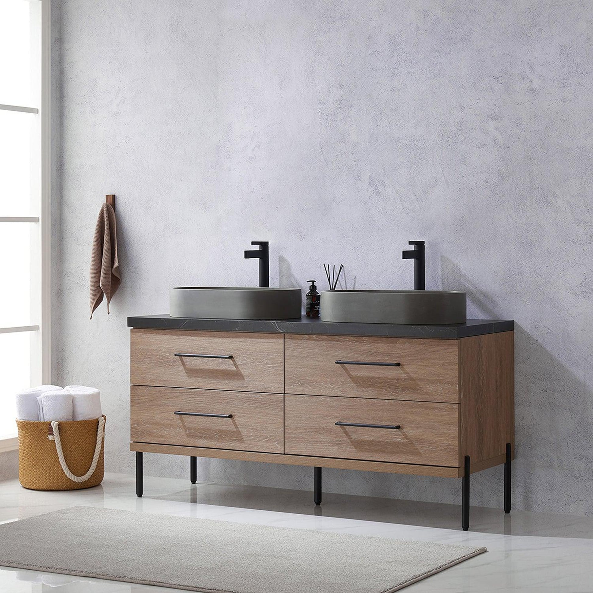 Vinnova Trento 60" Double Sink Bath Vanity In North American Oak With Black Sintered Stone Top With Oval Concrete Sink