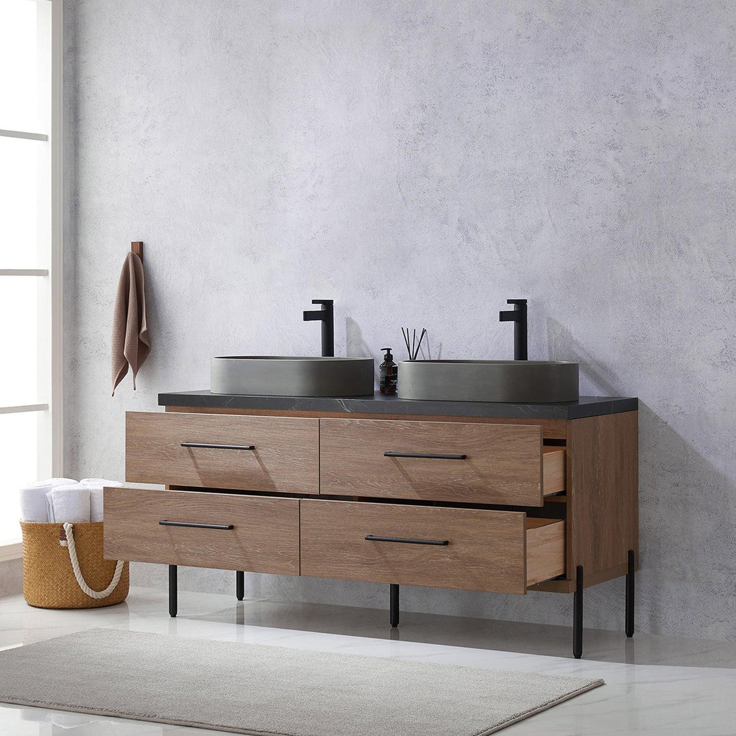 Vinnova Trento 60" Double Sink Bath Vanity In North American Oak With Black Sintered Stone Top With Oval Concrete Sink