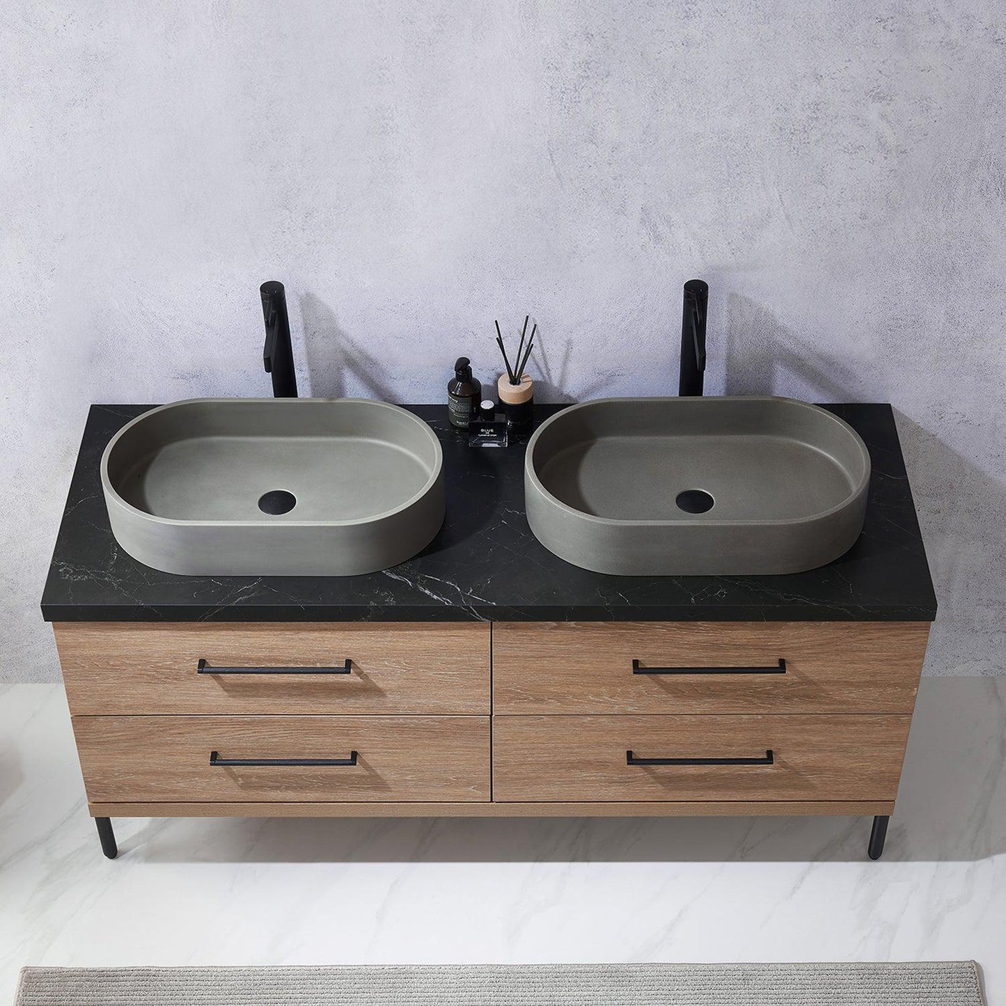 Vinnova Trento 60" Double Sink Bath Vanity In North American Oak With Black Sintered Stone Top With Oval Concrete Sink